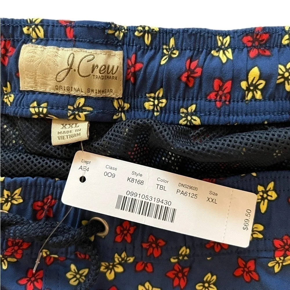 NWT J.Crew Original Swimwear blue red yellow floral swim 6” trunks w/ 3 pockets